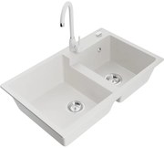 Mexen Tomas, gránit mosogató 800x500x190 mm, 2 kamrás és fehér Telma csaptelep, fehér, 6516-20-670200-20