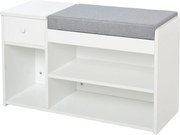 HOMCOM Cipőpad Párnával, Fiókkal és 3 Nyitott Térrel, Fából Készült Előszobai Bútor 81x31,5x49cm, Fehér | Aosom