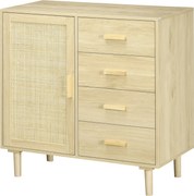 HOMCOM Rattan Büfé Szekrény Kígyóajtós Szekrényekkel és 4 Fiókkal, Étkező, Nappali, Hálószoba, 80 x 38 x 80.5 cm, Természetes Fa Hatás | Aosom