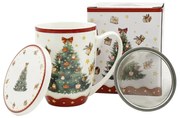 Karácsonyi fenyőfás porcelán bögre fém szűrővel díszdobozban Christmas Tree 3