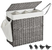 Kézzel fonott rattan stílusú szennyeskosár 3 rekesszel 140L, szürke