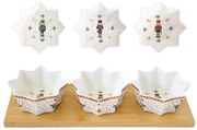 Diótörő porcelán csillag alakú kínáló tálka szett bambusztálcán, 4 részes, 34x12 cm, díszdobozban - Nutcrackers