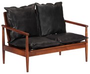 fekete 2 személyes valódi bőr és tömör akácfa kanapé