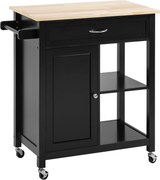 HOMCOM Fából készült Konyhai Kocsi Fiókkal, Szekrénnyel és Polcokkal, Kerekes Tálca 83x45x88cm, Fekete | Aosom