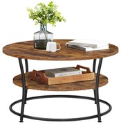 Dohányzóasztal, kerek kávé asztal polccal, rusztikus barna, 80x45 cm