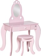 HOMCOM Gyermek Fa Sminkasztal 3-6 éves lányoknak, Puffal és Hercegnős Tükörrel - 60x36x88 cm Rózsaszín | Aosom