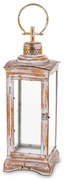 Vintage koptatott barna-krém üvegezett fém mécsestartó lantern lámpás akasztóval 66x19x19cm