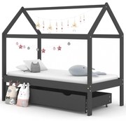 sötétszürke tömör fenyőfa gyerekágykeret fiókkal 80 x 160 cm