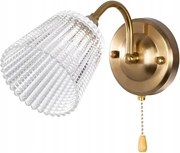 Fali lámpa zsinóros kapcsolóval, arany, átlátszó lámpabúra a hálószobába