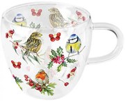 Karácsonyi duplafalú borosilicate üveg csésze Téli Madárdal
