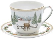 Karácsonyi porcelán nagy reggeliző csésze aljjal szarvasos White Forest díszdobozban