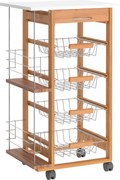 HOMCOM Konyhai Kocsi Kerekekkel, Többcélú Kocsi Fiókkal, 4 Leszedhető Fém Kosárral és Oldalsó Polcokkal 47x37x83 cm Természetes Fából | Aosom