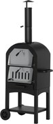 Outsunny 2 az 1-ben kültéri pizza sütő kerekekkel, BBQ grillező fedéllel, pizzakemence, 2 grillrács, grillező kocsi kéménnyel, 3 szintes fával működő