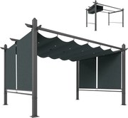 Outsunny 4 x 3 m kihúzható kerti pergola, 4 automata feltekerhető függönnyel, UV50+, alumínium váz, beépített vízelvezetés — sötétszürke | Aosom
