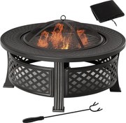 Outsunny Tűzrakóhely Pokerrel és Szikravédő Rácsos Tűzrakó Asztal, Kerek Tűzrakóhely a Kerthez, Kempinghez, BBQ-hoz, Acél Fekete 81 x 81 x 50 cm | Aos