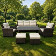 NAGY KERTI BÚTORSZETT (KANAPÉ, 2 FOTEL, 2 PUFF, ASZTAL) - BARNA, PÁRNÁK - BÉZS