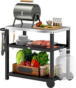 Outsunny 3-szintes Grill Kocsi Munka Térrel, Polcokkal, Kampókkal és Kerekekkel, Rozsdamentes Acél BBQ Grill Asztal, Grill Oldal Asztal, Kültéri Haszn