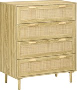 HOMCOM 4-Fiókos hálószobai tárolóegység fonott rattan elülső résszel, boho stílusban, világos fa megjelenéssel, 90L x 45W x 108.5H cm | Aosom