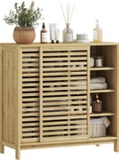 HOMCOM Bambusz Fürdőszoba Szekrény 2 Csúszóajtóval, Rácsos Design, 4 Polcos Tároló Szekrény Konyhába, Nappaliba 80x34x80 cm Természetes | Aosom