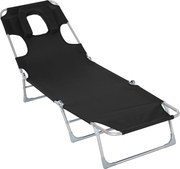 Outsunny Összecsukható és Dönthető Tengerparti Fotel Olvasólyukkal, Fejpárnával és 5 Pozícióban Állítható Háttámlával, 182x56x28 cm Fekete | Aosom