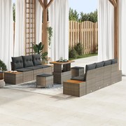 10 darabos kerti kanapé szett párnákkal Szürke Poly Rattan Akác, 3 darabos kerti étkező szett párnákkal Szürke Poly Rattan Akác