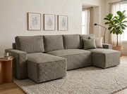 Kinyitható U alakú ülőgarnitúra SMART BOUCLE 303x143 cm, szürkésbarna