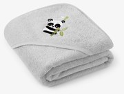 Goldea gyermek frottír fördőlepedő csuklyás - panda világosszürkén 100 x 100 cm