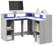 szürke sonoma színű szerelt fa LED-es íróasztal 130x130x91 cm