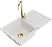 Mexen Pablo 1-kamrás gránit mosogató csepegtetővel és Telma konyhai csapteleppel, fehér - 6510-20-670200-50