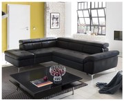 Fekete, balos, bőrkárpitos, L-alakú SALERNO II sarokkanapé, ággyá nyitható