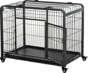 PawHut Összecsukható Kutya Ketrec Szállító Ketrec Kerekeken 2 Zárható Ajtóval és Kivehető Tálcával 94L x 58W x 69.5H cm Fém Szürke Fekete | Aosom