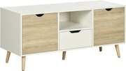 HOMCOM TV Állvány Fiókkal, 2 Ajtóval és Kompartmensen, TV Állvány 50 Inches-ig, Oldalszekrény Nappaliba és Hálószobába, 110x40x50 cm, Fehér és Termész