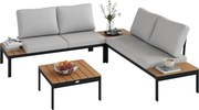 Outsunny 4 részes Kerti Lounge Szett, 2 darab 2 személyes Kültéri Kanapéval és 2 Négyzet Alakú Kávézóasztallal, Fa és Levehető Párnákkal, Fém és Kompo