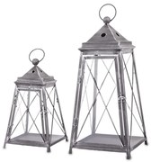 Vintage szürke szögletes 2db-os áttört fém lámpás lantern szett fogantyúval 37,5x21x21 / 55x25x25cm