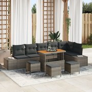 9 darabos kerti sofa szett párnákkal szürke poli rattan akáciával, 2 fős kerti sofa párnákkal szürke poli rattan, 3 darabos kerti étkező szett párnákkal szürke poli rattan akáciával