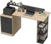 HOMCOM 140 x 60 cm számítógépasztal fiókkal, fejhallgató-tartóval, szekrénnyel és polcokkal — tölgy/fekete | Aosom