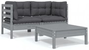 3 részes szürke tömör fenyőfa kerti ülőgarnitúra párnákkal