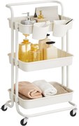 3 szintes kerekeken guruló tároló polc, fogantyúval, fehér színben