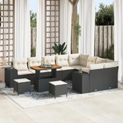 12 darabos kerti sofa készlet párnákkal fekete poly ratán akác, 3 darabos kerti étkező készlet párnákkal fekete poly ratán akác