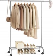 Mobil ruhatartó állvány alsó polccal cipőknek, 156 cm, loft stílusú, ezüst