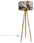 Vintage állólámpa fa árnyékolóval virágmintás 50 cm - Tripod Classic