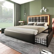 Franciaágy Kárpitozott ágy 140x200cm Led 4fiókos Pu fekete