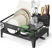 Edényszárító állvány, 360°-ban forgatható és kihúzható lefolyóval, fekete