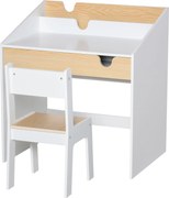 HOMCOM Gyerek Íróasztal Székkel 3-6 Éves Gyermekeknek 2 az 1-ben Gyermek Íróasztal Szett 2 Darab, Fiókkal és Polccal 70x50x75 cm Fehér és Natúr | Aoso