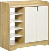 HOMCOM Modern Cipőszekrény - Keskeny Cipőtartó 2 Ajtóval, Tárolós polcok 13 Pár Cipőhöz Előtérbe 80x30x80 cm Természetes és Fehér | Aosom
