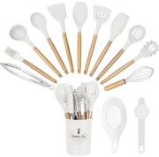 14 darabos konyhai eszközkészlet, hőálló szilikon fejjel, tartóval, fehér
