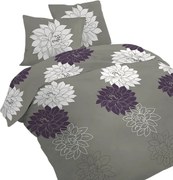 Szürke Ágyneműhuzat Fehér És Lila Virágok Dáliák Pamut Szatén 160x200