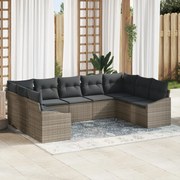 9 darabos kerti étkezőasztal párnákkal, szürke poli rattan anyagból.