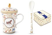 Porcelán bögre tetővel és kanállal díszdobozban lovas mintával Cheval