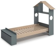 Natúr színű-szürkészöld ágyneműtartós házikó alakú gyerekágy ágyráccsal 90x190 cm borovi fenyő dekorral Odessa – Marckeric